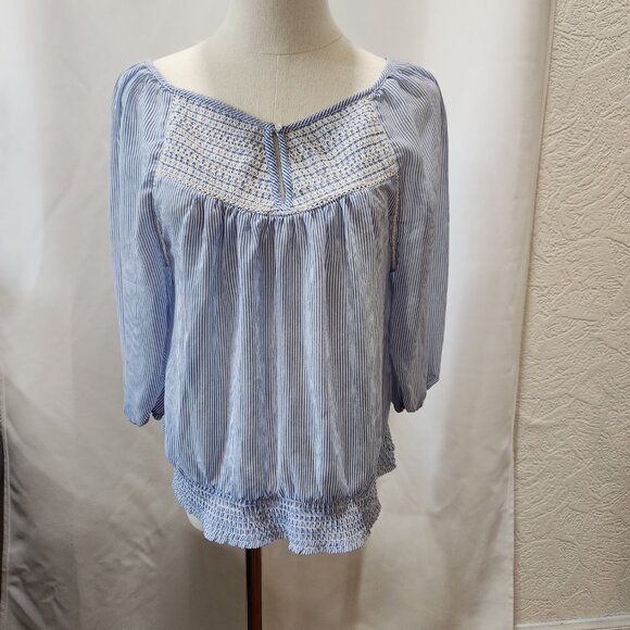 Abercrombie & Fitch Blue striped dainty long puff sleeve blouse top - Picture 3 of 6